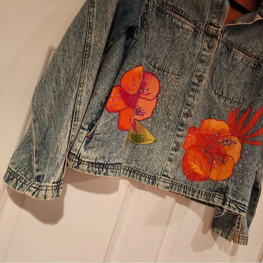 West End vintage cotton floral denim jacket S - Picture 4 of 6